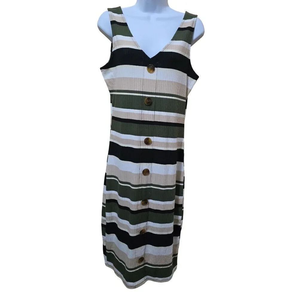 Green/Black/White Striped Button Down Sleeveless Dress Boho color Block bodycon